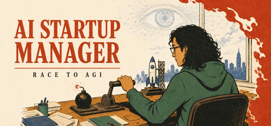 Key art of AI Startup Manager: a founder at a desk with a detonator lever, a rocket model and a city skyline.