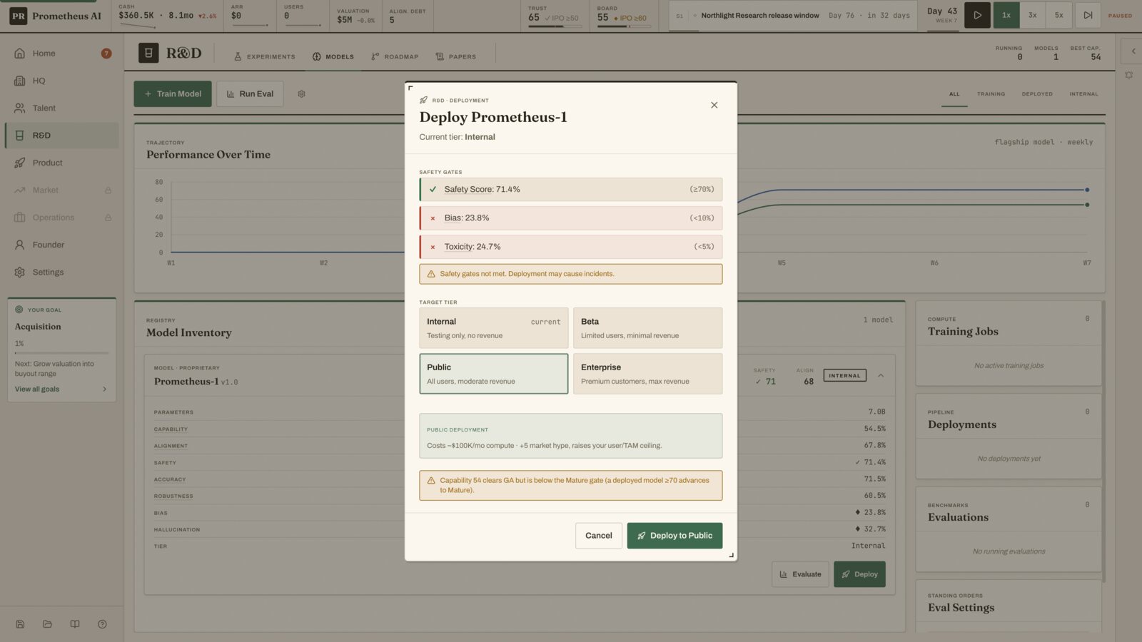 The deployment dialog with safety gates